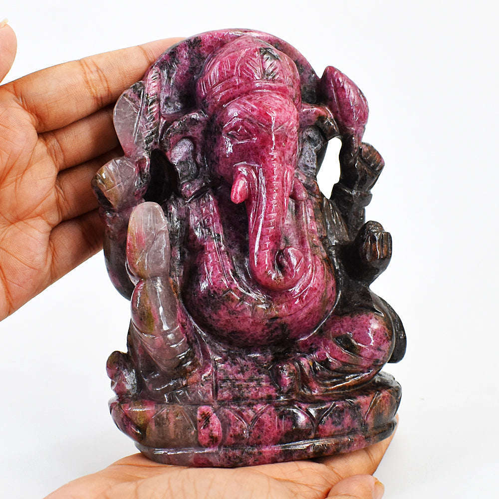 gemsmore:Natural Amazing Pink Rhodonite Hand Carved Lord Ganesha