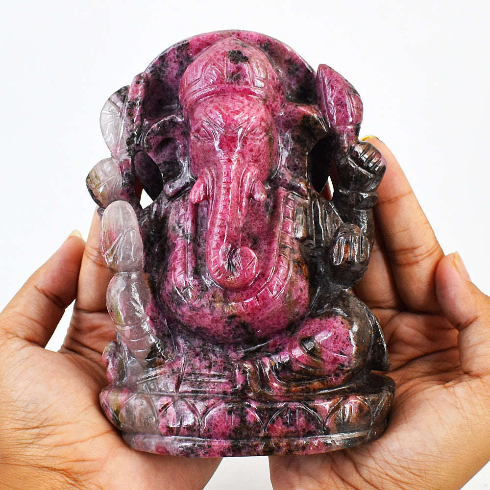 gemsmore:Natural Amazing Pink Rhodonite Hand Carved Lord Ganesha