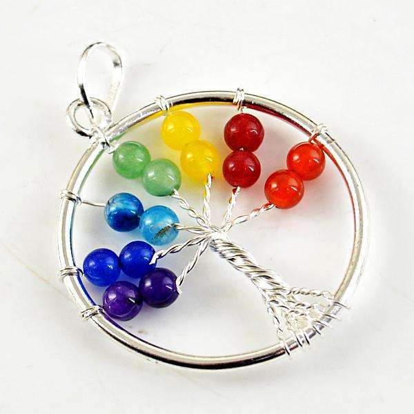 gemsmore:Natural Amazing Seven Chakra Round Shape Healing Tree Pendant