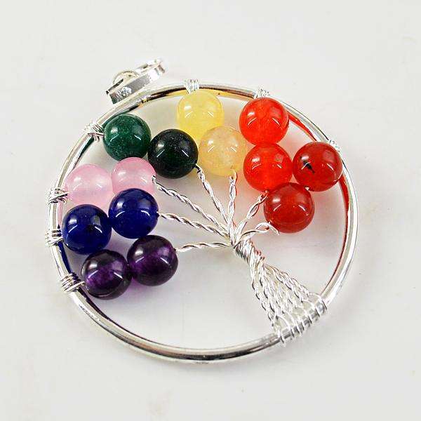 gemsmore:Natural Amazing Seven Chakra Round Shape Healing Tree Pendant