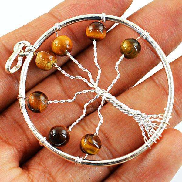 gemsmore:Natural Amazing Tiger Eye Round Shape Healing Tree Pendant