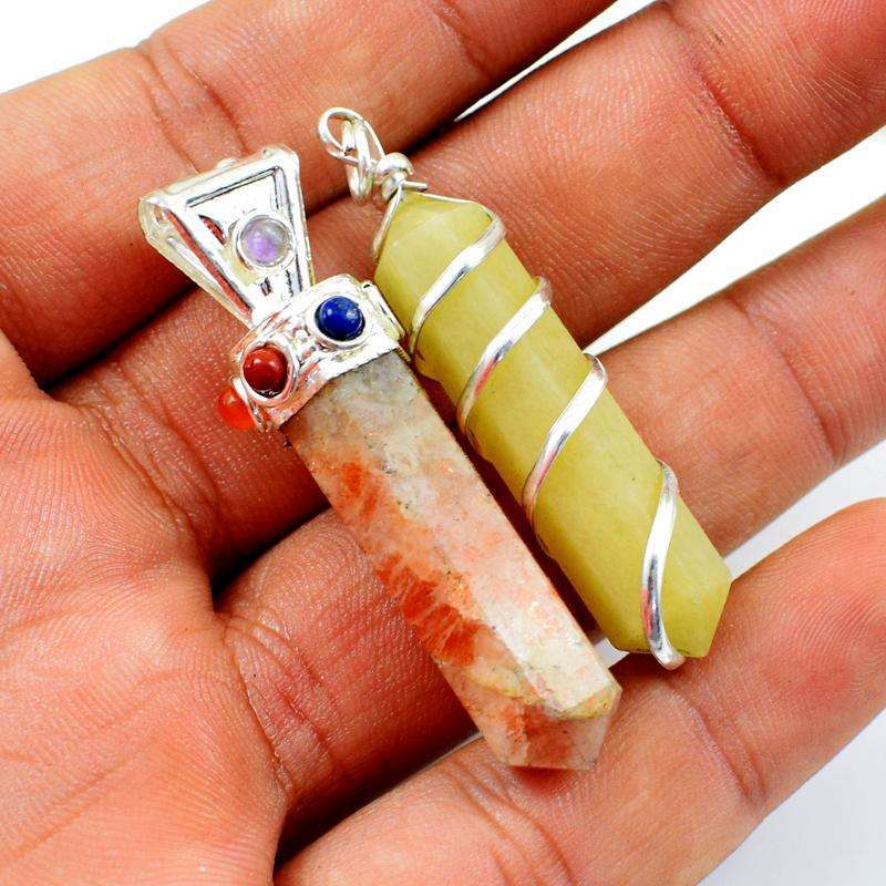 gemsmore:Natural Aventurine & Sunstone Seven Chakra Healing Point Pendant Lot