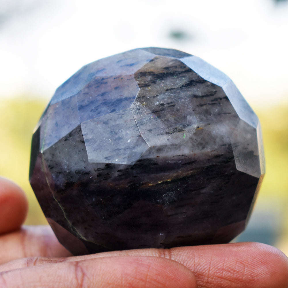 gemsmore:Natural Black Rutile Quartz  Hand Carved Checkers Cut Healing Sphere