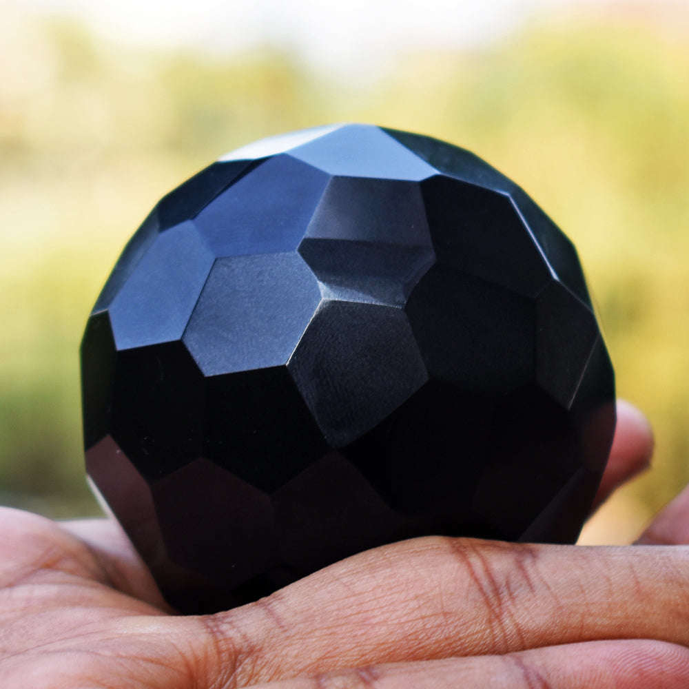 gemsmore:Natural Black Spinel Hand Carved Faceted Crystal Healing Sphere Gemstone