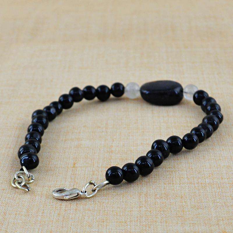 gemsmore:Natural Black Spinel & White Quartz Beads Bracelet - Round Shape