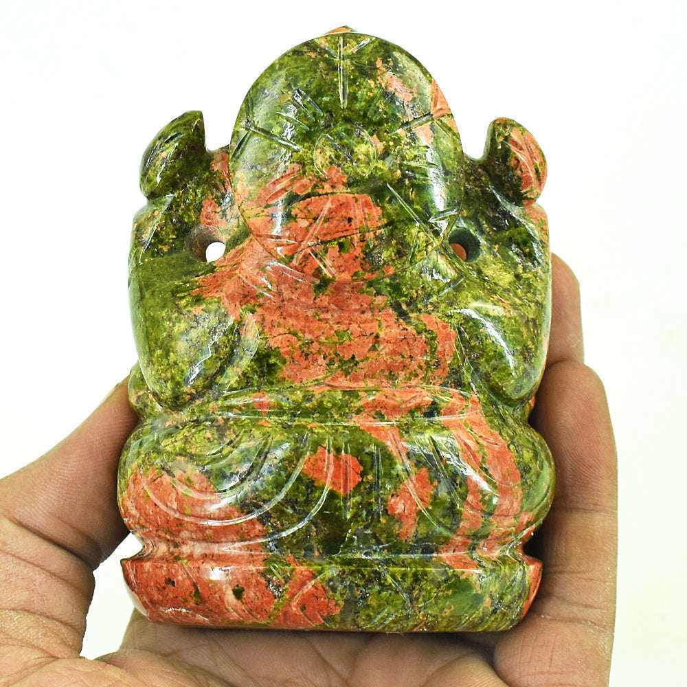 gemsmore:Natural Blood Green Unakite Hand Carved Genuine Crystal Gemstone Carving Lord Ganesha