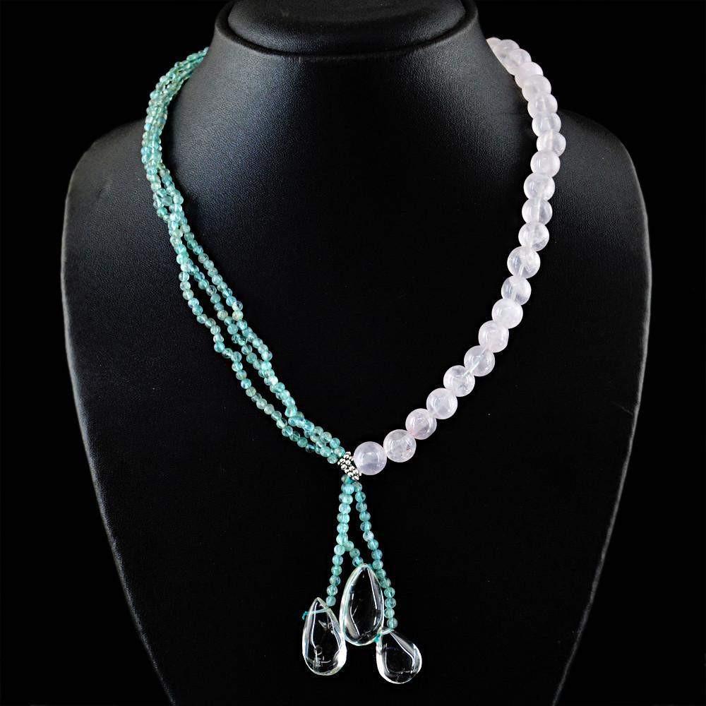 gemsmore:Natural Blue Apatite & Pink Rose Quartz Necklace Round Shape Unheated Beads