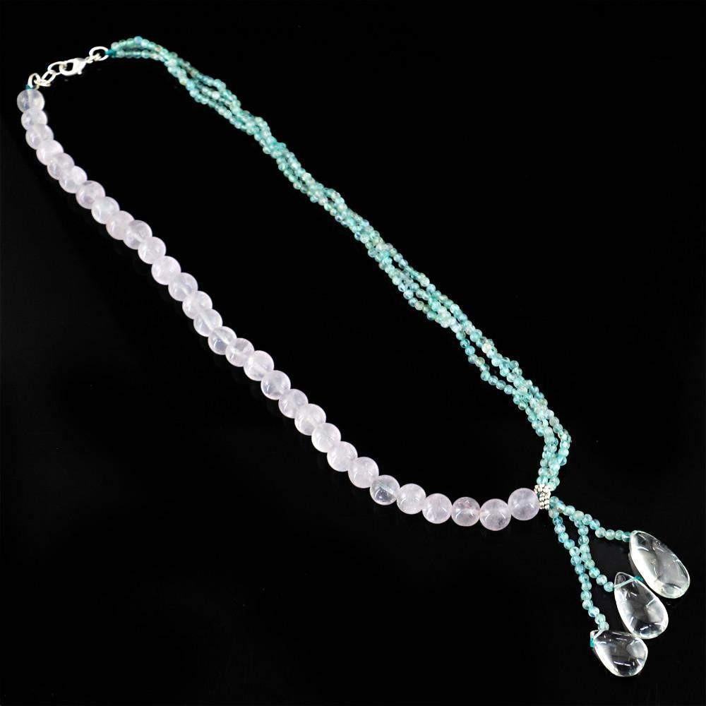 gemsmore:Natural Blue Apatite & Pink Rose Quartz Necklace Round Shape Unheated Beads