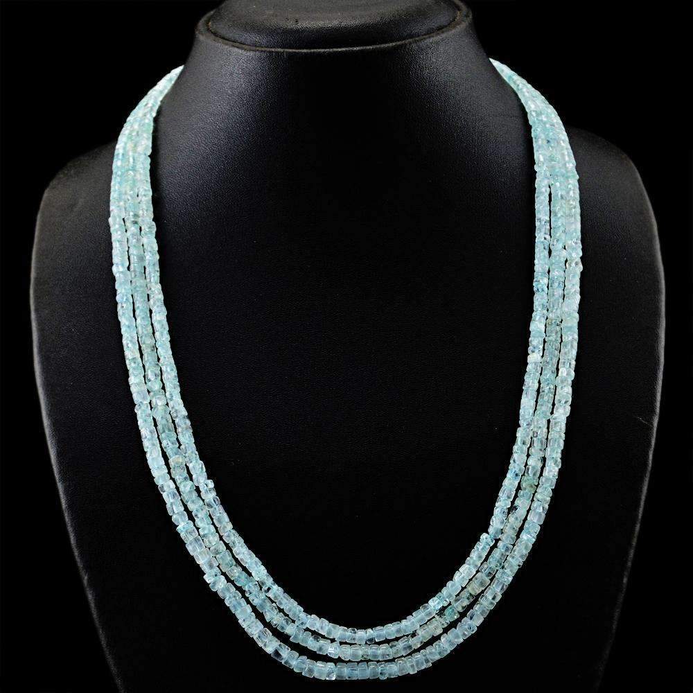 gemsmore:Natural Blue Aquamarine Necklace 3 Line Round Shape Beads