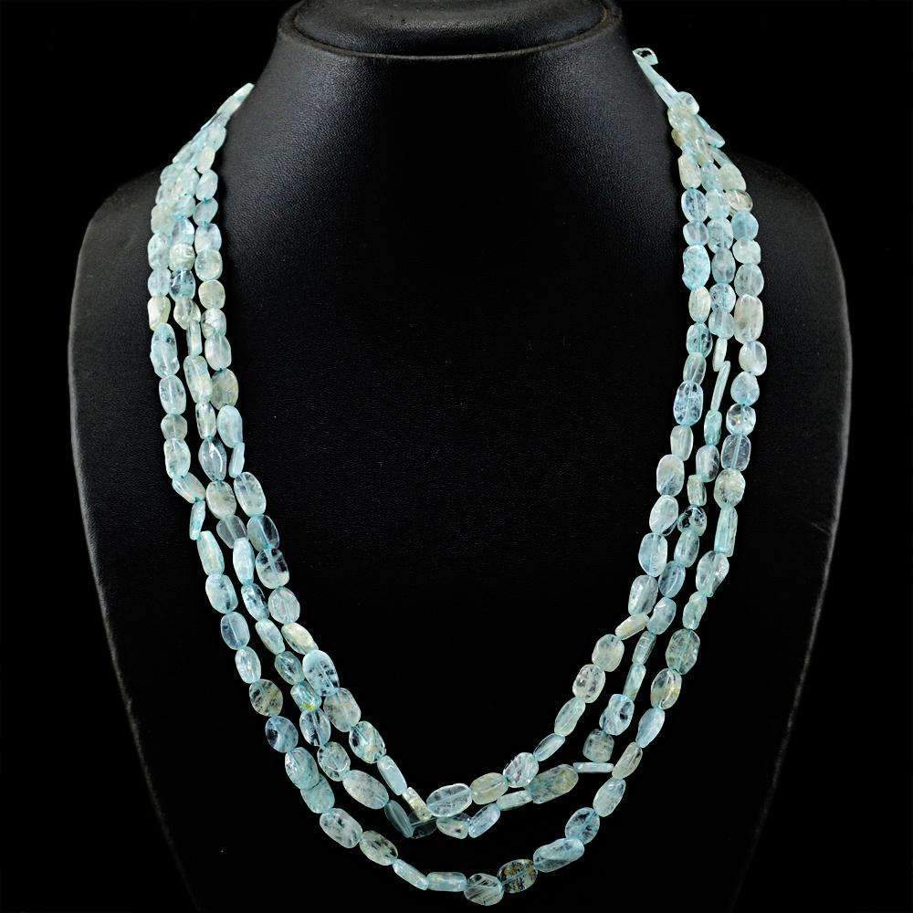 gemsmore:Natural Blue Aquamarine Necklace 3 Line Untreated Beads