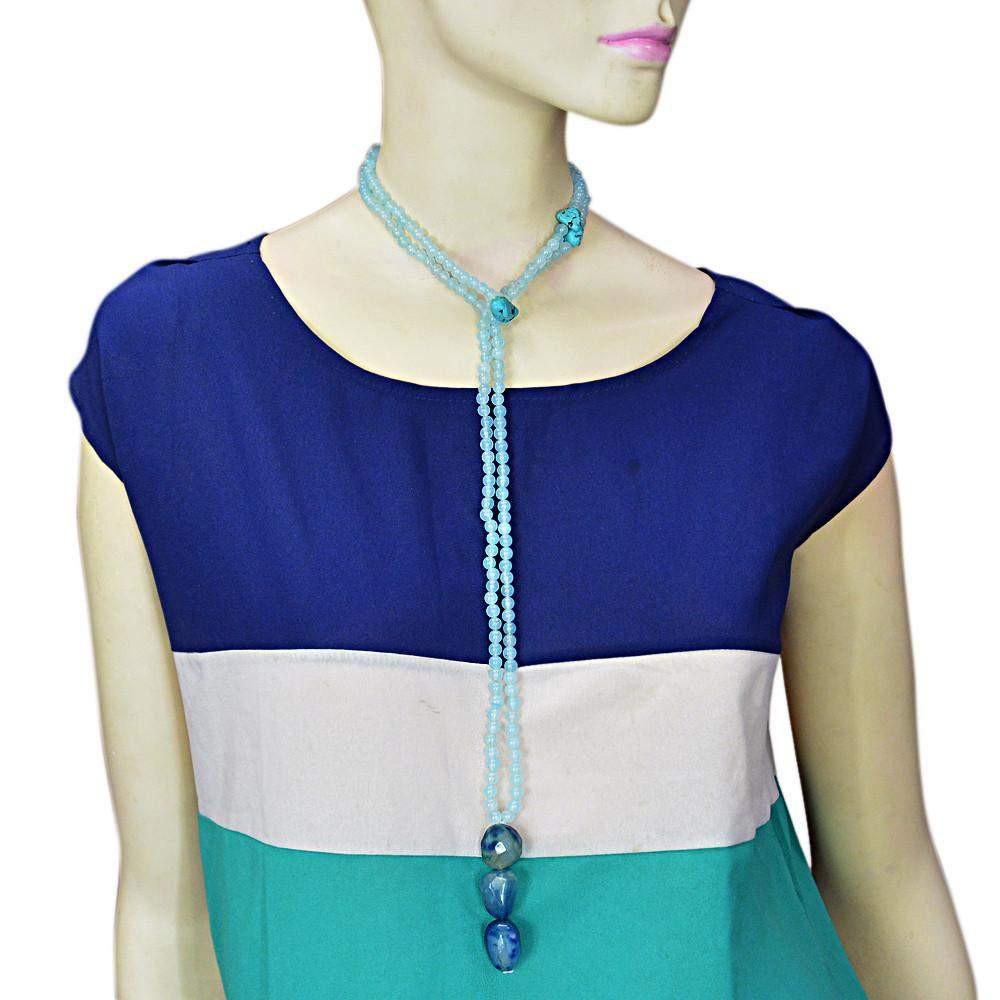 gemsmore:Natural Blue Chalcedony & Onyx Necklace Untreated Faceted Beads