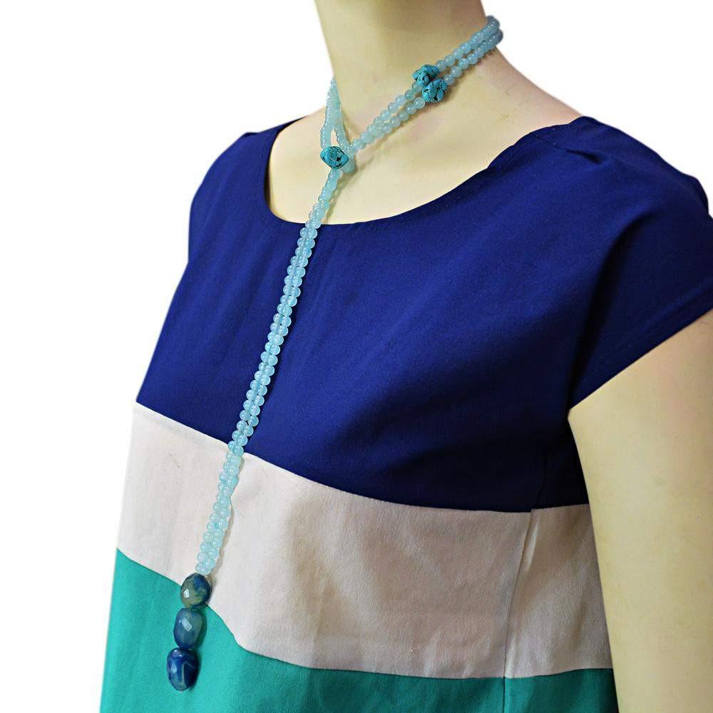 gemsmore:Natural Blue Chalcedony & Onyx Necklace Untreated Faceted Beads