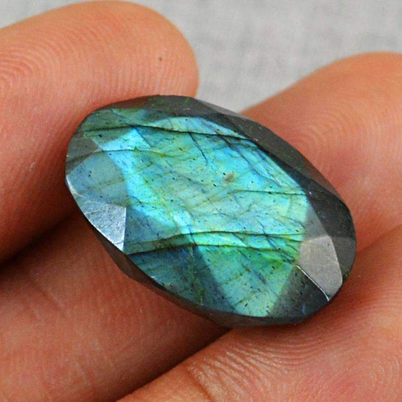 gemsmore:Natural Blue Flash Labradorite Gemstone Checkered Cut Oval Shape