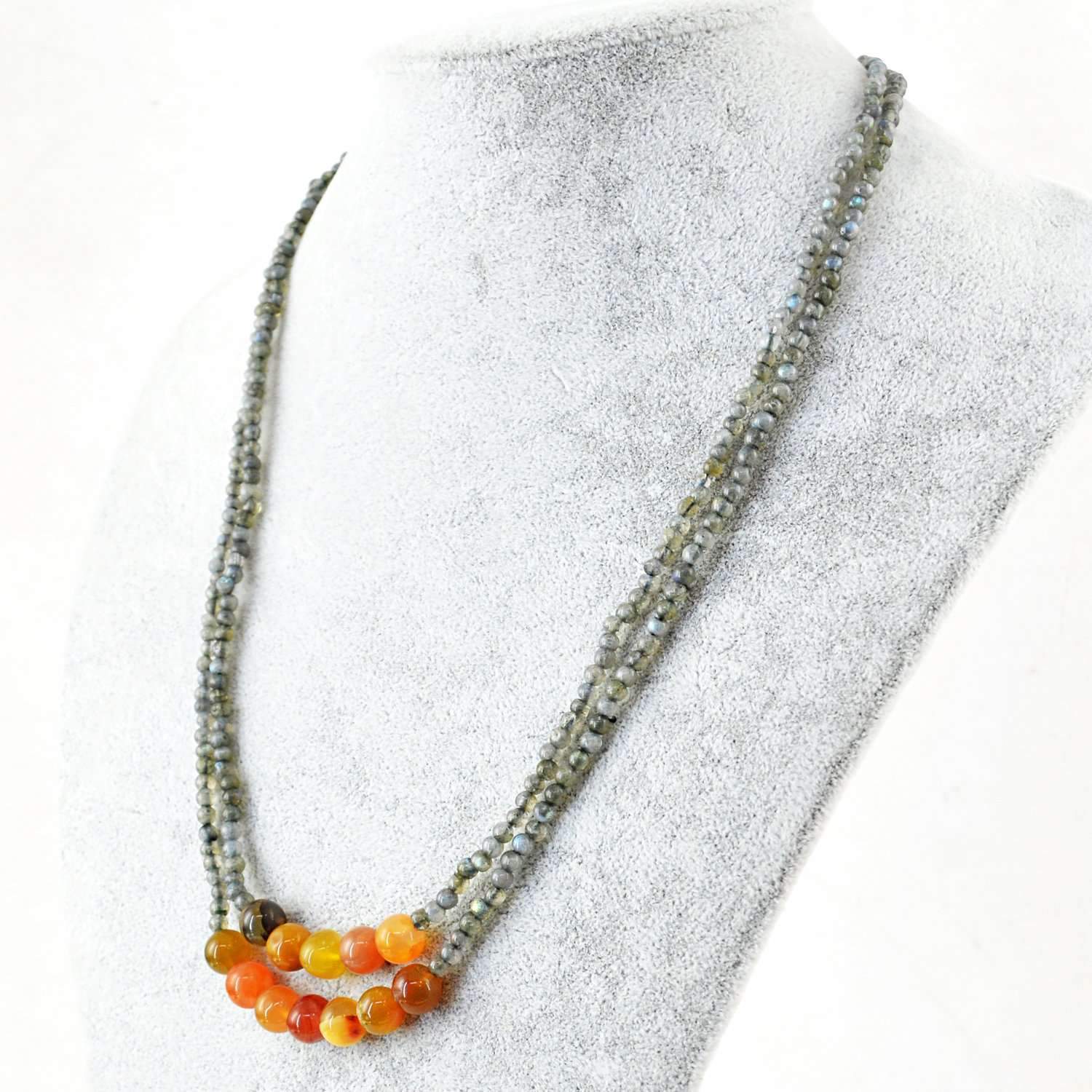 gemsmore:Natural Blue Flash Labradorite & Orange Onyx Necklace 2 Strand Untreated Beads