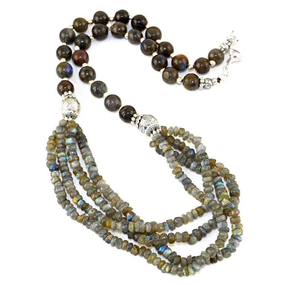gemsmore:Natural Blue & Golden Flash Labradorite Necklace Round Untreated Beads