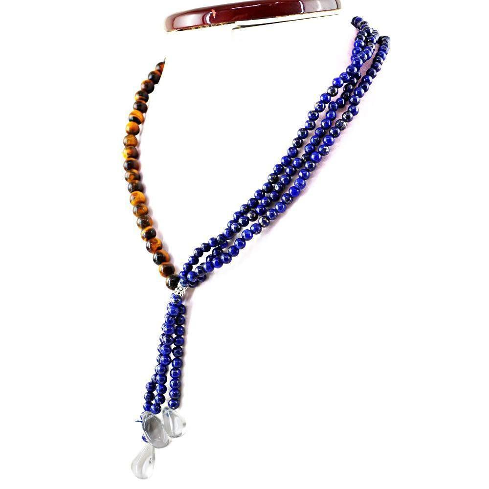 gemsmore:Natural Blue Lapis Lazuli & Golden Tiger Eye Necklace Untreated 20 Inches Long Round Beads