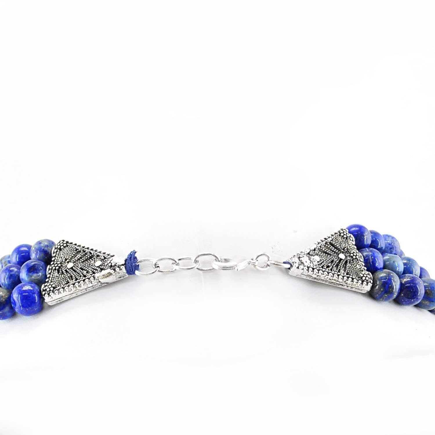 gemsmore:Natural Blue Lapis Lazuli Necklace 3 Strand Untreated Round Beads