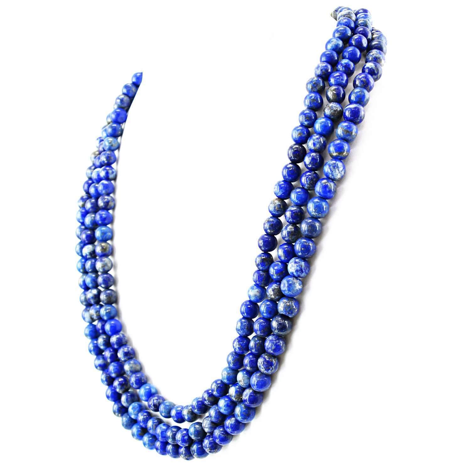gemsmore:Natural Blue Lapis Lazuli Necklace 3 Strand Untreated Round Beads
