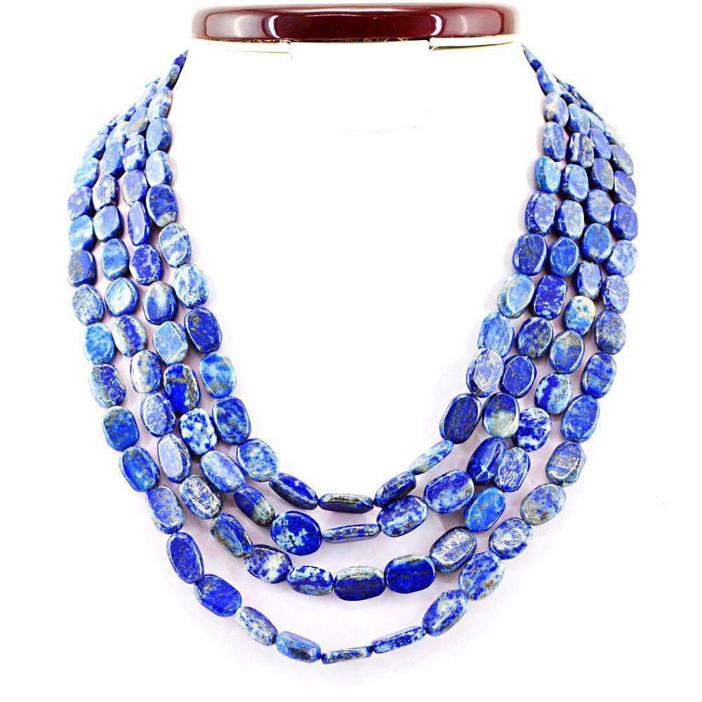 gemsmore:Natural Blue Lapis Lazuli Necklace 4 Line Oval Shape Beads