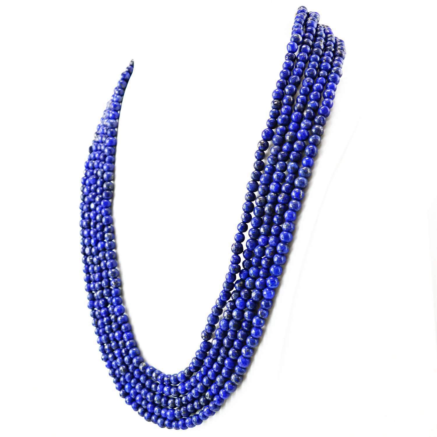 gemsmore:Natural Blue Lapis Lazuli Necklace 5 Strand Round Beads
