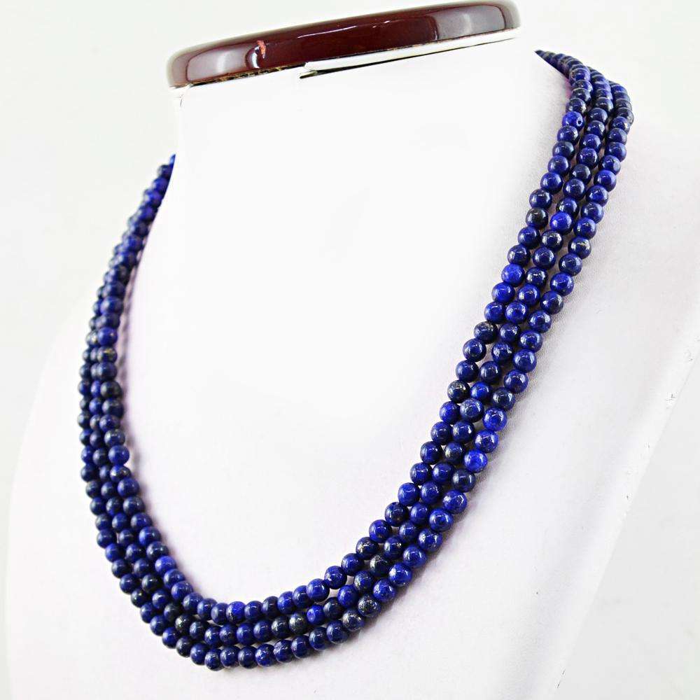 gemsmore:Natural Blue Lapis Lazuli Necklace Round Shape Beads - 3 Strand