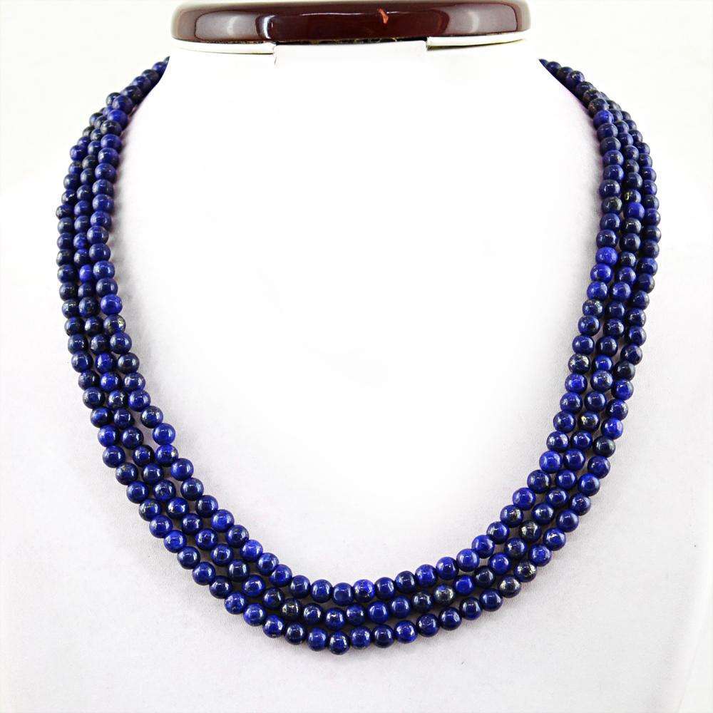 gemsmore:Natural Blue Lapis Lazuli Necklace Round Shape Beads - 3 Strand