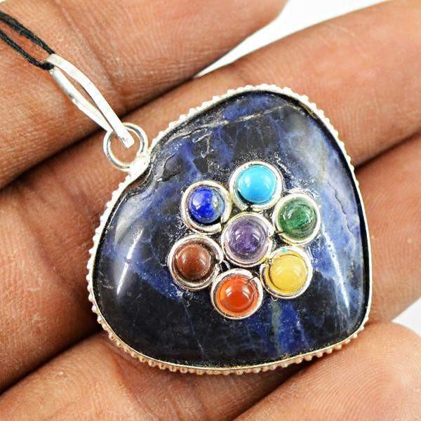 gemsmore:Natural Blue Sodalite Heart Shape Seven Chakra Pendant