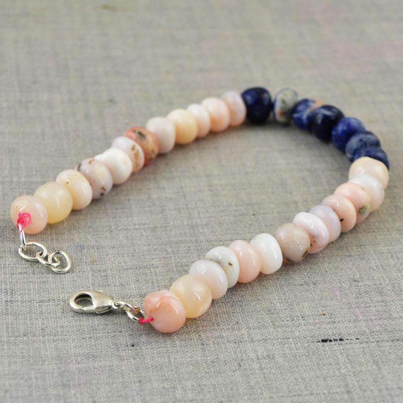 gemsmore:Natural Blue Sodalite & Pink Australian Opal Bracelet - Round Shape Beads