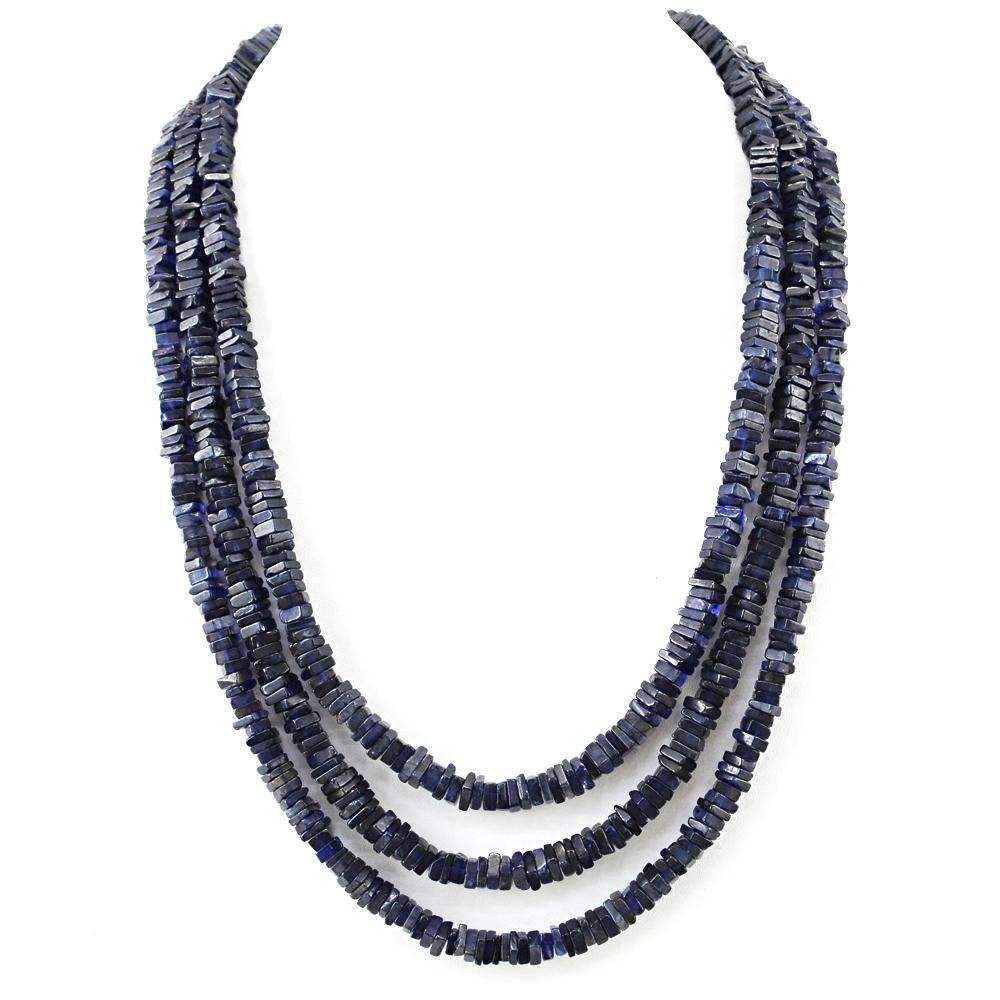 gemsmore:Natural Blue Tanzanite Necklace 3 Line Untreated Beads