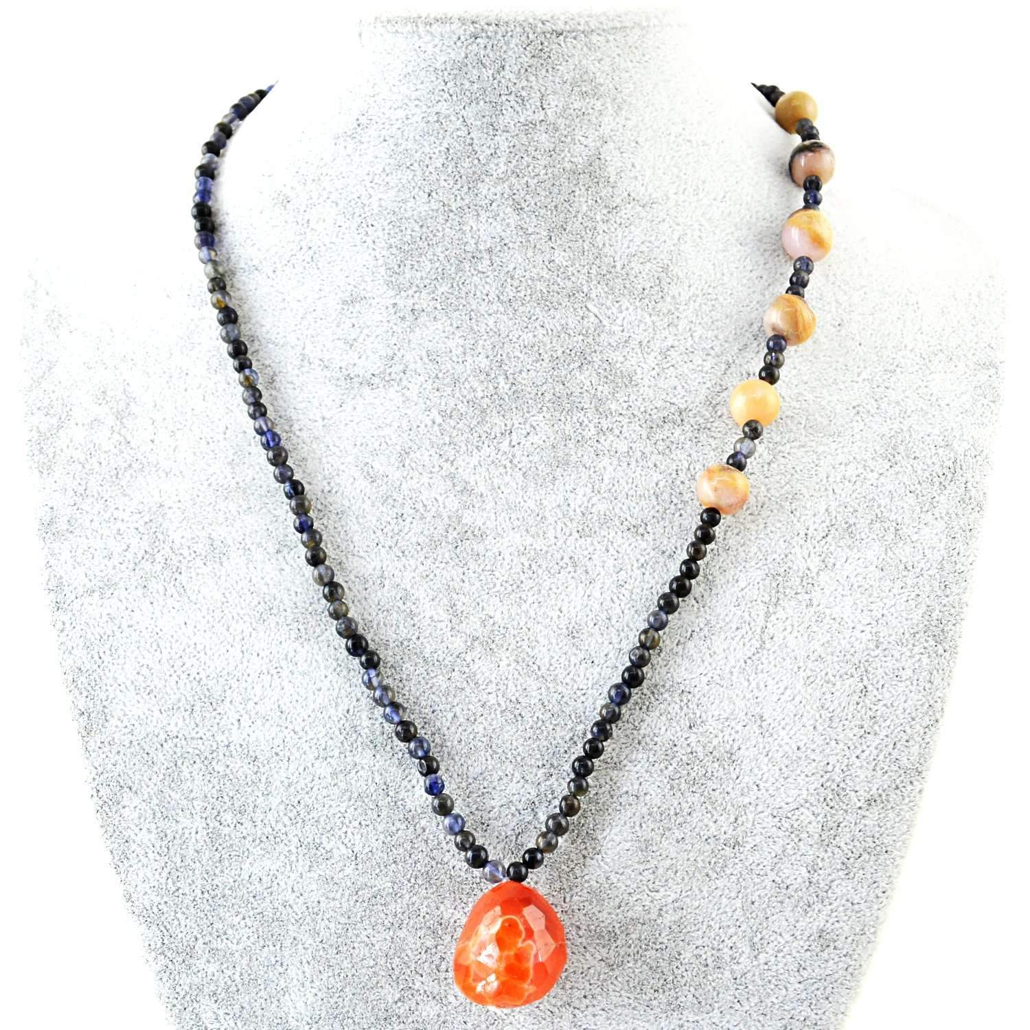 gemsmore:Natural Blue Tanzanite & Pink Australian Opal Necklace Untreated Round Beads