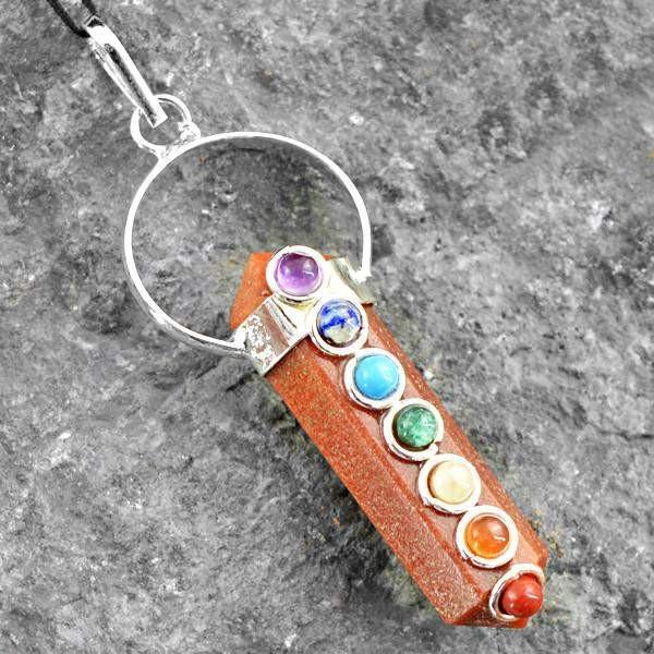 gemsmore:Natural Brown Jasper Seven Chakra Crystal Healing Point Pendant
