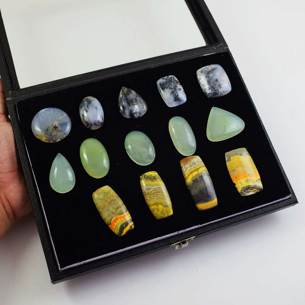 gemsmore:Natural Bumble Bee Jasper,Dendrite Opal,Chalcedony Untreated Gemstone Cabochon Lot