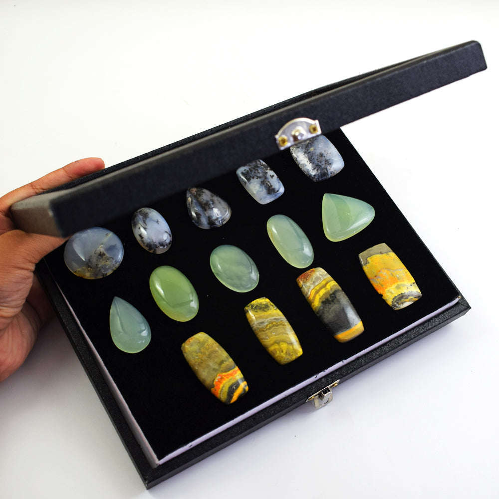 gemsmore:Natural Bumble Bee Jasper,Dendrite Opal,Chalcedony Untreated Gemstone Cabochon Lot