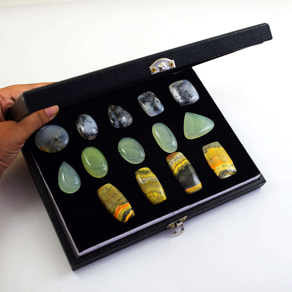 gemsmore:Natural Bumble Bee Jasper,Dendrite Opal,Chalcedony Untreated Gemstone Cabochon Lot