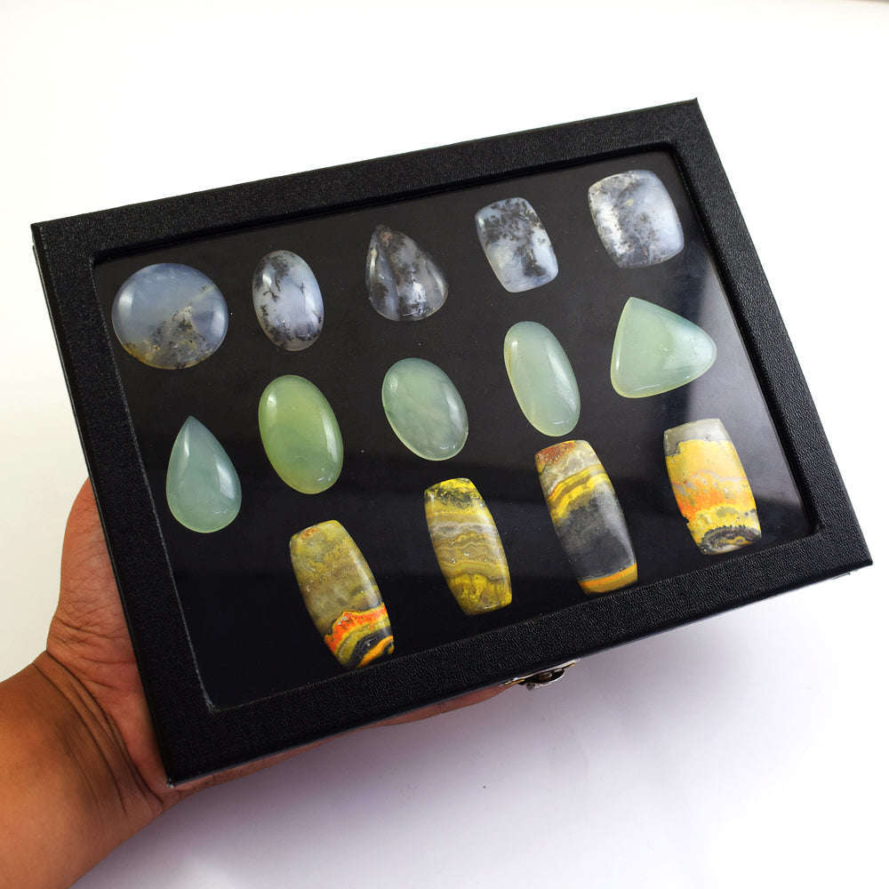 gemsmore:Natural Bumble Bee Jasper,Dendrite Opal,Chalcedony Untreated Gemstone Cabochon Lot