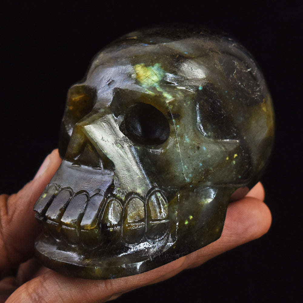 gemsmore:Natural  Golden & Blue Flash Labradorite Hand Carved Gemstone Skull