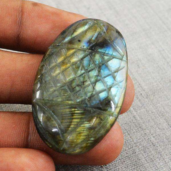 gemsmore:Natural Golden & Blue Flash Labradorite Pear Shape Carved Gemstone