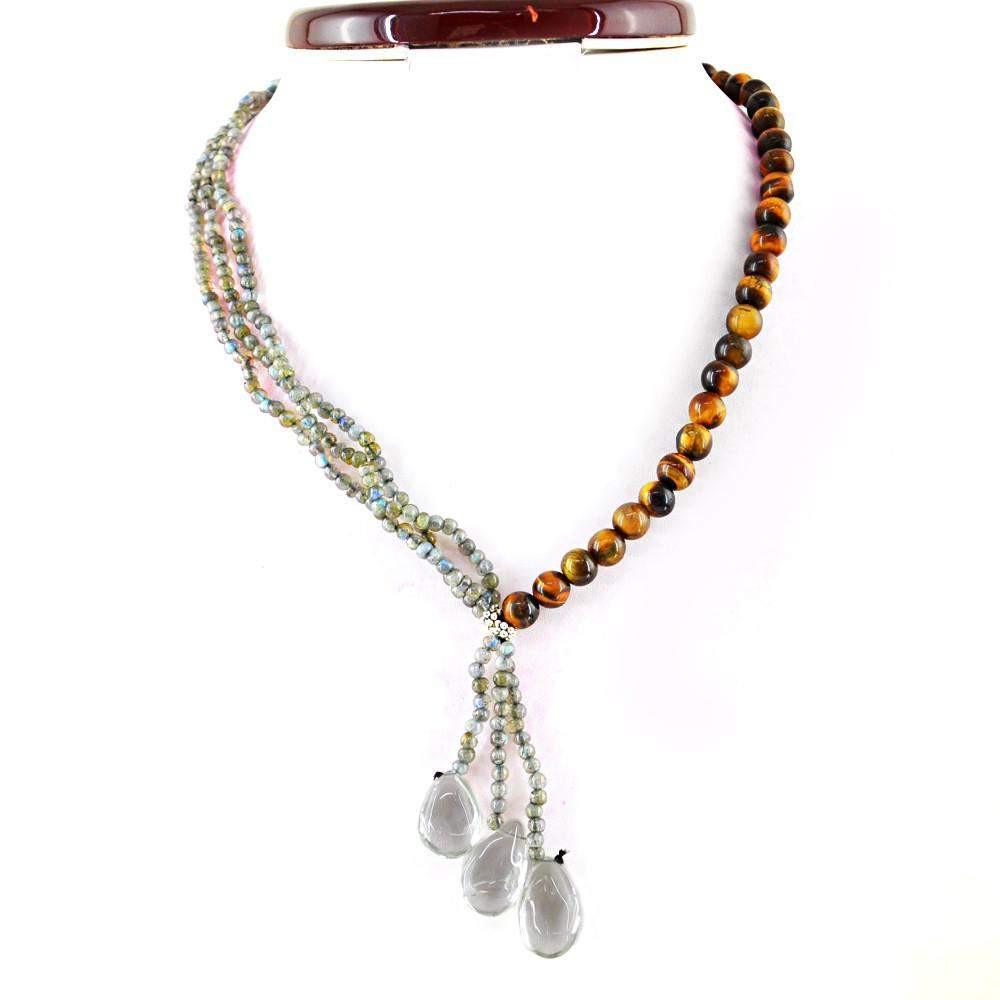 gemsmore:Natural Golden Tiger Eye & Blue Flash Labradorite Necklace Round Shape Beads