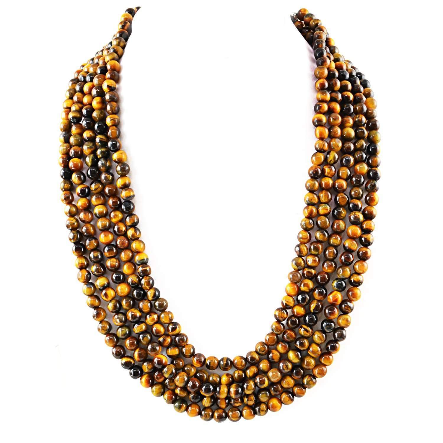 gemsmore:Natural Golden Tiger Eye Necklace Round Beads - 5 Strand