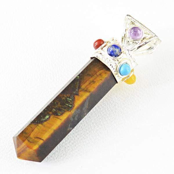 gemsmore:Natural Golden Tiger Eye Seven Chakra Crystal Healing Point Pendant