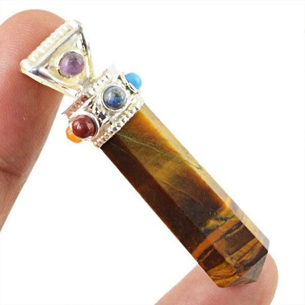 gemsmore:Natural Golden Tiger Eye Seven Chakra Reiki Healing Point Pendant