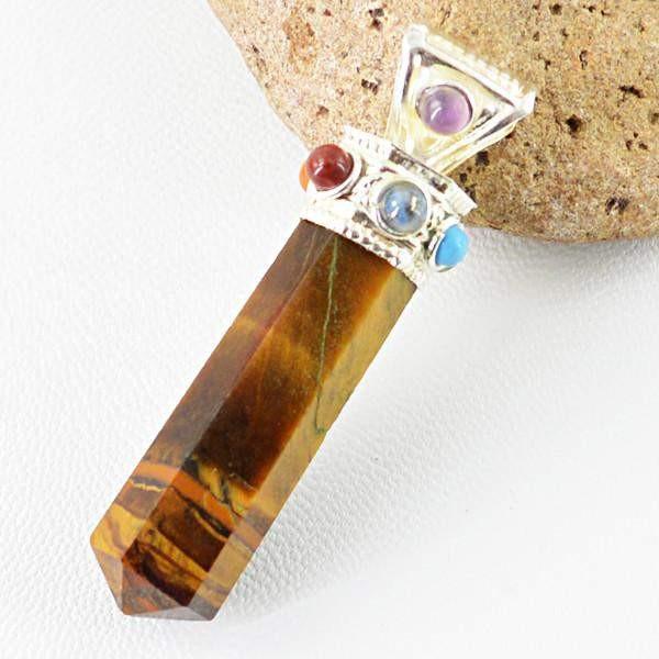 gemsmore:Natural Golden Tiger Eye Seven Chakra Reiki Healing Point Pendant