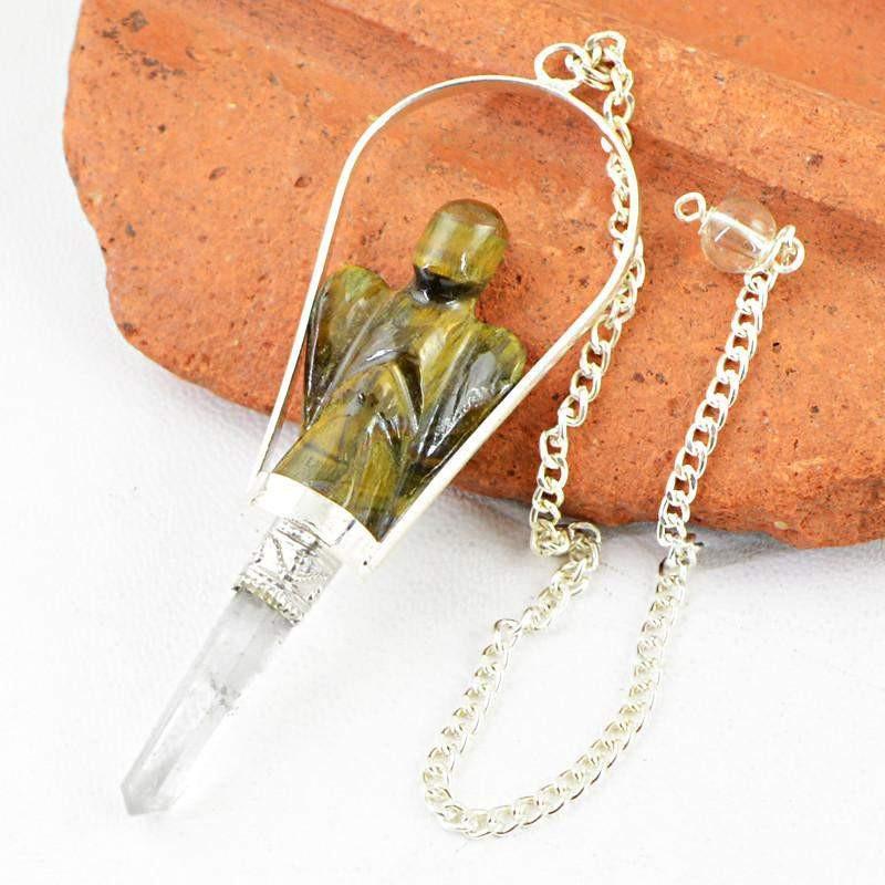 gemsmore:Natural Golden Tiger Eye Untreated Carved Angel Healing Point Pendulum