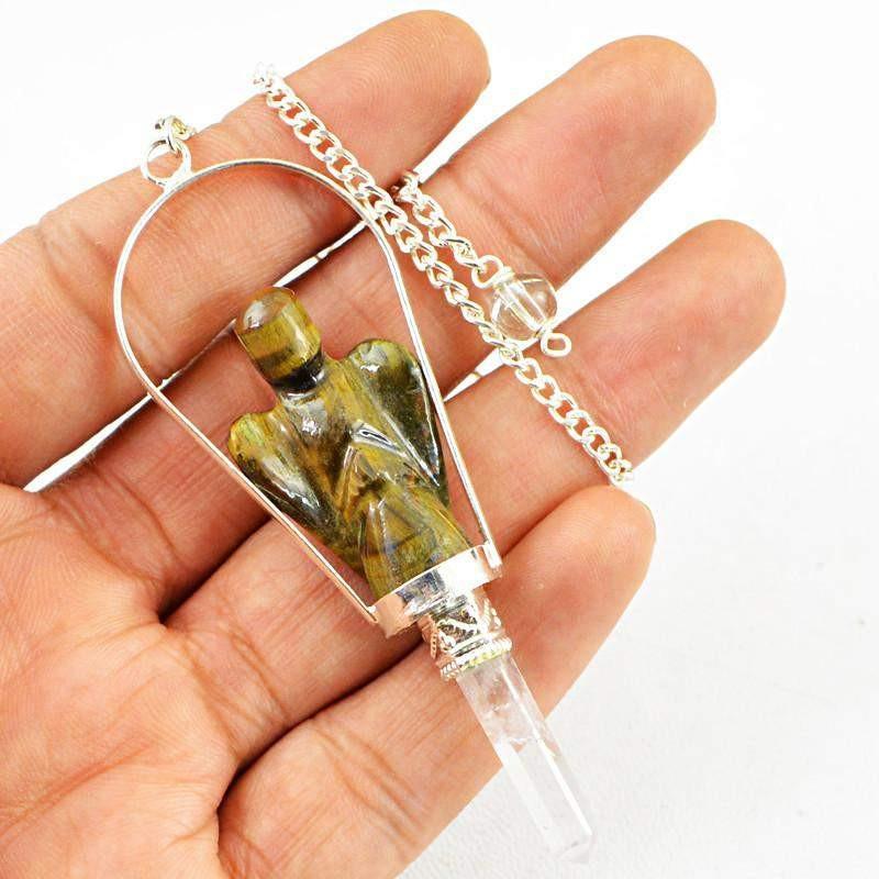 gemsmore:Natural Golden Tiger Eye Untreated Carved Angel Healing Point Pendulum