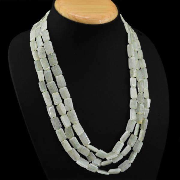 gemsmore:Natural Green Aquamarine Necklace 3 Line Untreated Beads