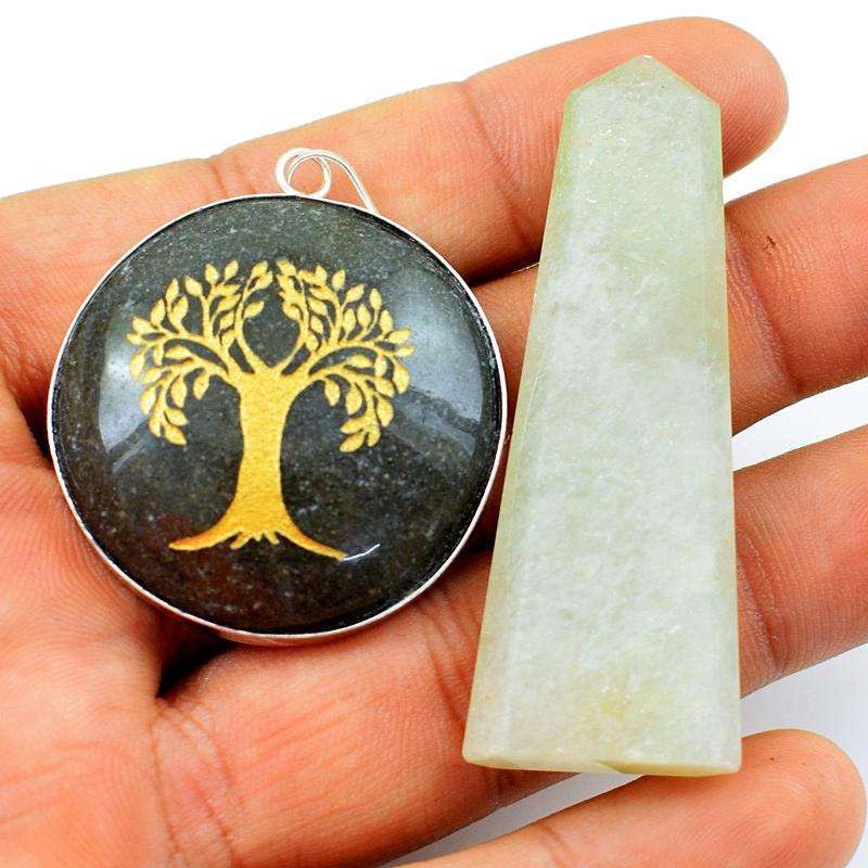 gemsmore:Natural Green Aventurine Healing Wand & Rutile Quartz Tree Pendant Set