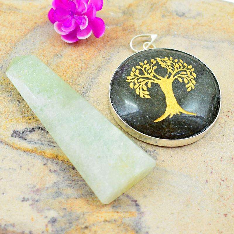 gemsmore:Natural Green Aventurine Healing Wand & Rutile Quartz Tree Pendant Set