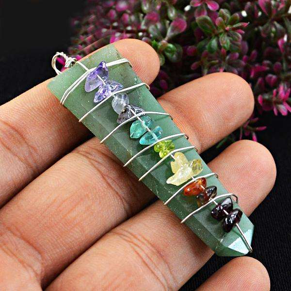 gemsmore:Natural Green Aventurine Seven Chakra Healing Wand Pendant