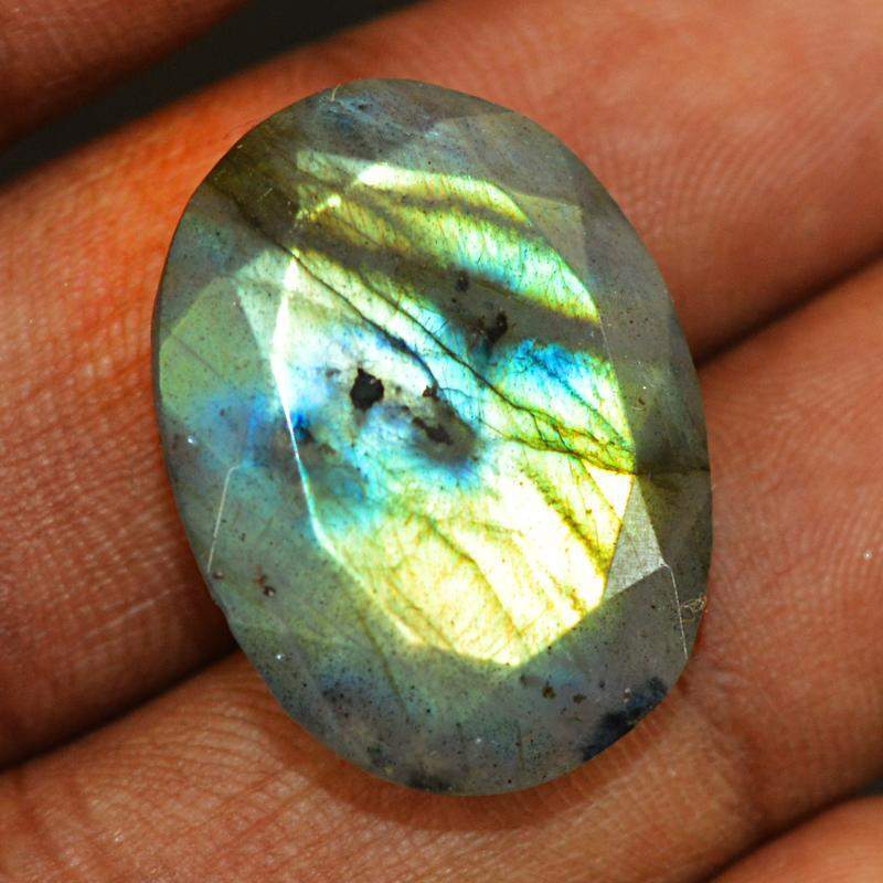 gemsmore:Natural Green Flash Labradorite Checkered Cut Oval Shape Gemstone