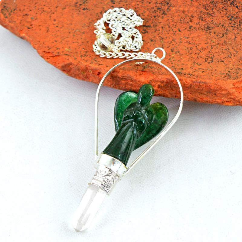 gemsmore:Natural Green Jade Carved Angel Healing Point Pendulum